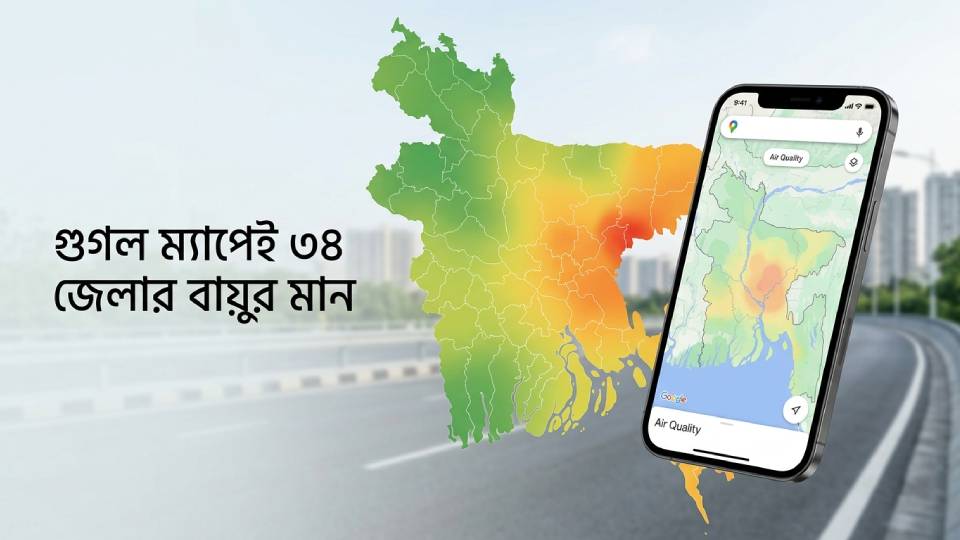 গুগল ম্যাপের ‘এয়ার কোয়ালিটি’ স্তরে ঢাকাসহ বাংলাদেশের ৩৪ জেলার বায়ুমান-সংক্রান্ত তথ্য দেখা যাচ্ছে।